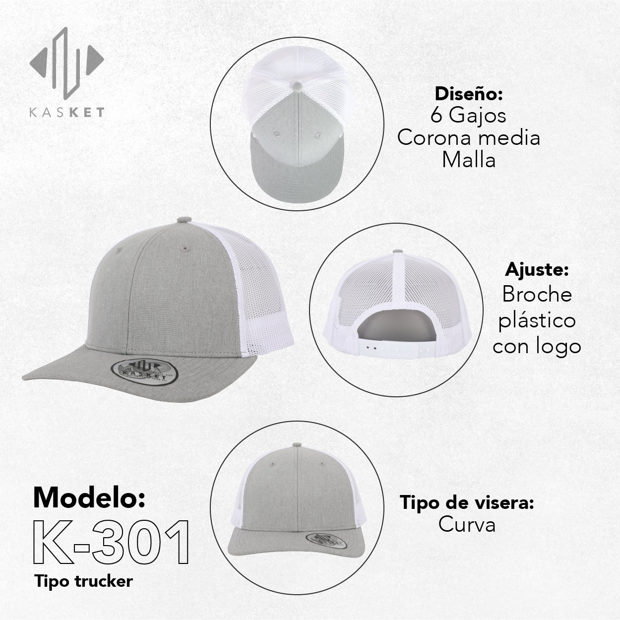 GORRA TRUCKER K-301 GRIS JASPEADO / BLANCO